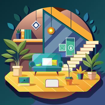 an illustration of a living room with a couch, plants and a laptop vector