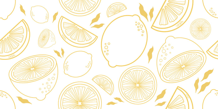 Seamless pattern of yellow outline lemons and slices on a white background. Citrus fruit line art repeat. Perfect for packaging, fabric, textile and wallpaper. vector
