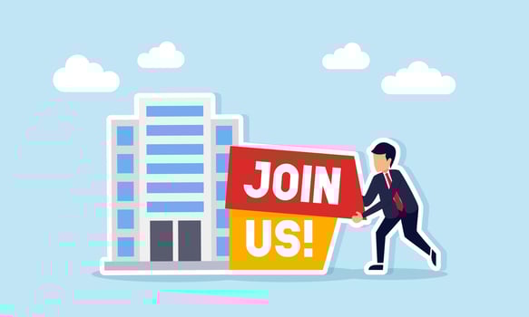 Businessman arranging a board with join us text beside company building illustration of promotion and socialization related to company recruitment vector