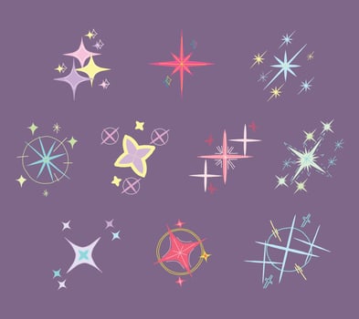 A cute shiny collection of star sparkle illustrations in various shapes and styles. Perfect for magical themes, celebration designs, holiday decor, and whimsical backgrounds vector