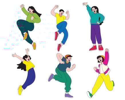 Illustration in flat or lowbrow style showing people jumping, cheering, and expressing joy. Perfect for celebration themes, lifestyle, success, parties, emotional expression, and youth-related designs vector