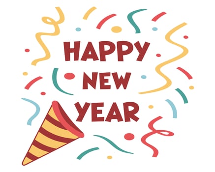 Cheerful happy new year celebration illustration with confetti and party popper vector