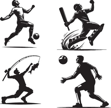 Black and white illustration of four different sports and activities scenes vector