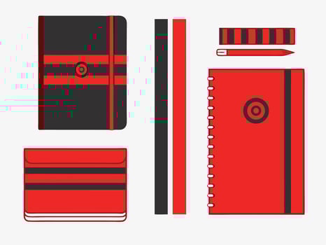 Red and black stationery set flat lay notebooks pencil and elastic bands vector