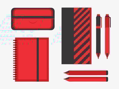 Flat lay of red and black stationery set for office or school supplies vector