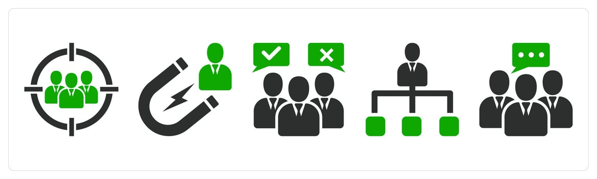 A set of 5 business icons as target audience, attract customer, customer opinion vector