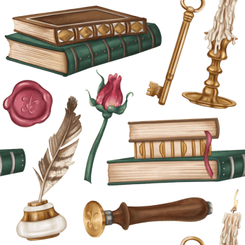 Seamless pattern with retro inkwell, writing pen, stack of books, stamp and seal, rose, candlestick, golden key. Royal atmosphere. Old vintage decorations in classic style. Office and postcard design png