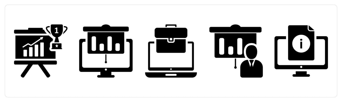 A set of 5 business icons as achievement, online presentation, online business in black color vector