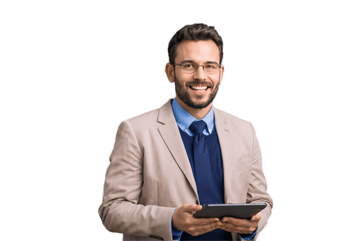 Happy businessman wearing glasses holding tablet smiling dressed in business attire and blazer png