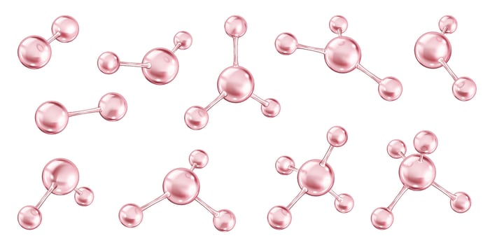 Microscopic pink collagen molecules realistic color icons set. Chemical bonds of protein structures 3d objects bundle on white background vector