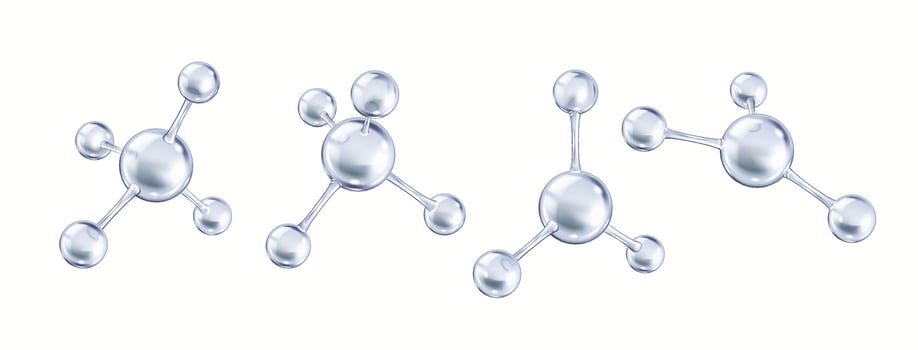 Silver collagen molecules complex structure realistic color icons set. Protein building blocks for skin health 3d objects bundle on white vector
