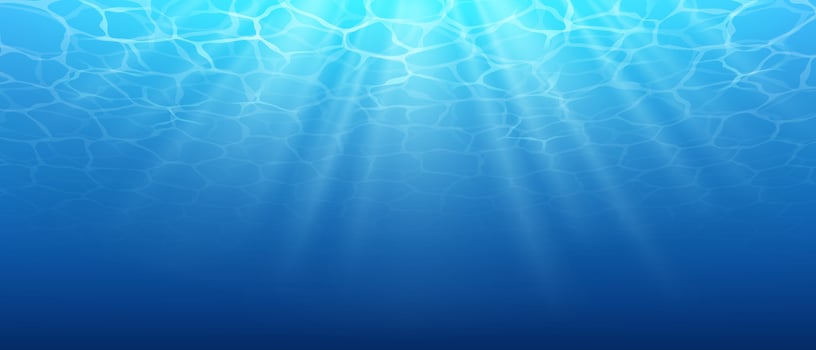 Seawater background, top view. Abstract illustration of underwater blue ocean scene. Sunlight penetrates through water creating dynamic light patterns. Ideal for marine themed designs. vector