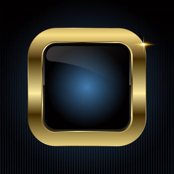 A Luxury square button features a glossy black center with a radiant blue glow, encased in a smooth gold frame, illustration button design vector