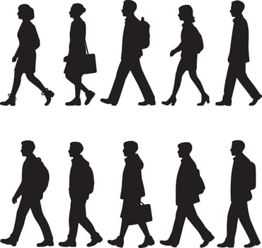 Collection of walking people silhouettes diverse group commuting and strolling vector