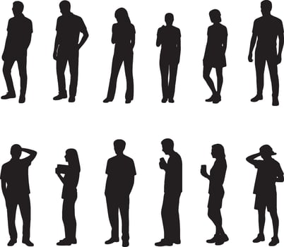 Collection of diverse people silhouettes standing in various poses illustration vector