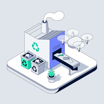 AI powered recycling plant processes plastic and paper waste. Smart drones assist automated sorting and material handling. Eco technology transforms garbage into sustainable resources vector
