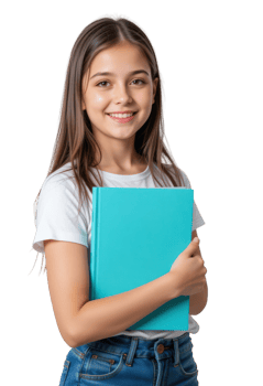 A girl holding a blue book png