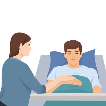 Woman sits beside a man in a hospital bed, offering comfort and support during his recovery. vector