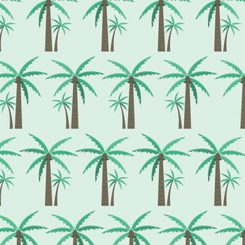 Seamless pattern with palm trees and coconuts on a green background. Tropical trees. vector