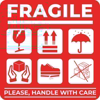 Fragile sticker for packaging and shipping. Handle with care, red fragile warning label, fragile label with broken glass, keep dry, upward, and do not trample vector
