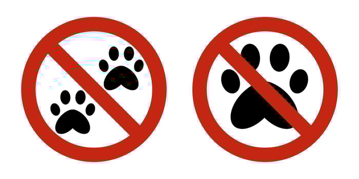 No pets allowed icon set. Prohibited paw print symbols in red circle. flat warning signs for restricted zones, public places, pet-free areas, or animal control notices. vector