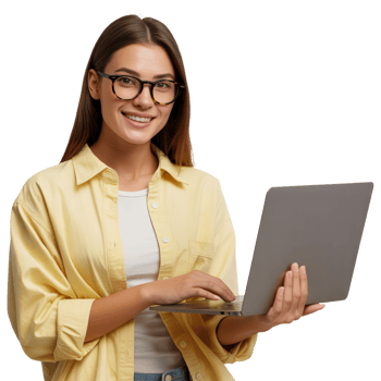 Smiling Caucasian Woman Typing on Laptop with Transparent Background png