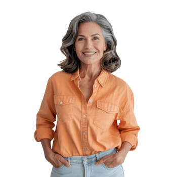 Smiling Mature Woman with Gray Hair, Hands in Pocket, and Transparent Background png