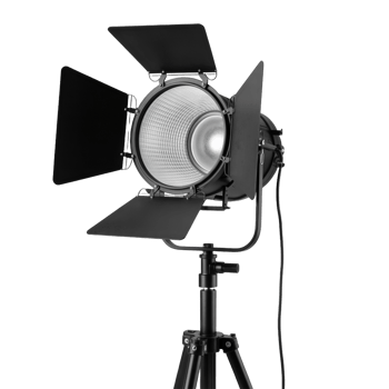 Studio Fresnel Spotlight with Barn Doors on Tripod Stand Against Transparent Background png
