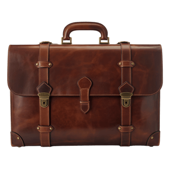 Stylish Brown Leather Briefcase with Brass Accents on a Transparent Background png