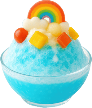 Colorful Shaved Ice Dessert with Gummy Rainbow Accents png