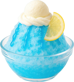Vibrant blue shaved ice dessert garnished with a lemon slice and a creamy topping evoking the refreshing flavors of Hawaii png