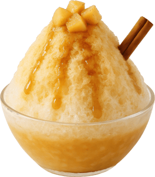 A vibrant and chilled Japanese style shaved ice dessert featuring sweet apple and fragrant cinnamon flavors topped with a fluffy creamy texture png