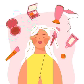 cosmetik skin care. Concept of self-care, cosmetology, make-up. Young girl with make-up and hairstyle vector