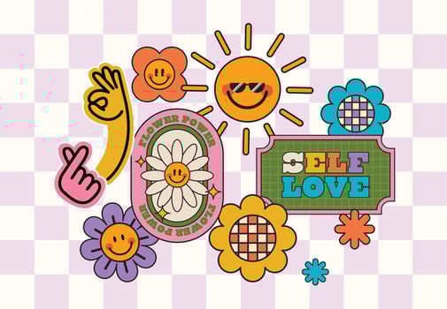 Funny Y2K inspired sticker with retro patch badges and abstract visuals combined with Gen Z and Millennial quotes set against a playful checkered background for a nostalgic vibe vector