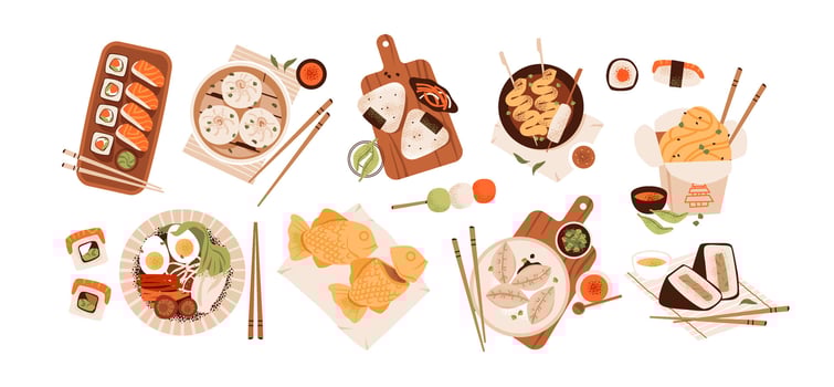 Asian cuisine, sushi, ramen, and dim sum. Japanese and Chinese food set with noodles, chopsticks, and flavorful ingredients. Oriental cuisine elements. Flat illustration. vector
