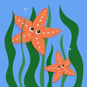 Smiling starfish swimming through green seaweed underwater vector