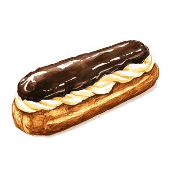 Detailed illustration of classic eclair pastry featuring golden brown choux shell filled with creamy vanilla custard and topped with glossy layer of rich chocolate glaze, evoking tempting dessert png