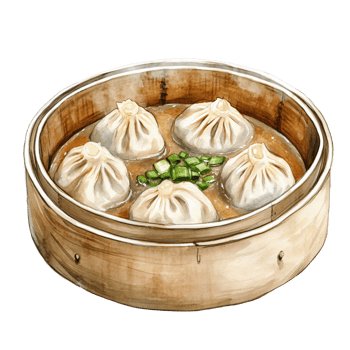 Steamed dumplings in bamboo steamer with green onion garnish, served with flavorful broth, showcasing traditional Asian cuisine and culinary presentation png