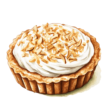 Delicious tart with crispy crust, topped with smooth whipped cream and sprinkled with toasted coconut flakes, looks inviting and perfect for dessert or special treat png