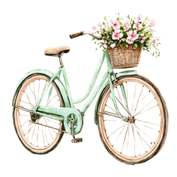 Vintage bicycle with basket of pink flowers on front, painted in pastel green, evokes charming and nostalgic feeling, perfect for spring or summer decor png
