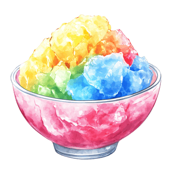 Colorful bowl of shaved ice with vibrant yellow, green, blue, red, and pink flavors, served in clear glass bowl, creating refreshing and visually appealing dessert png