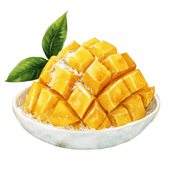 Bowl of fresh, ripe mango cubes with green leaves, showcasing vibrant yellow orange color and juicy texture, perfect for tropical fruit snack or dessert png