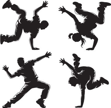 Collection of dynamic bboy and bgirl silhouettes performing breakdance moves vector