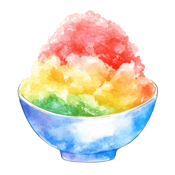 Watercolor illustration of colorful bowl of shaved ice dessert with vibrant red, yellow, green, and blue flavors, creating refreshing and cheerful summer treat png