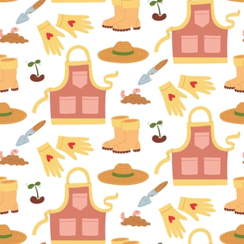 pattern with elements for planting and garden maintenance. Gardening clothes, sprout, worm in ground, shovel. Flat color illustration in texture. Suitable for gardening blogs, packaging of garden vector