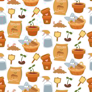 pattern for planting plants in garden. Seedlings, worms in the ground, shovel, earth, worms, spray bottle, seeds. Flat color illustration in texture. Suitable for gardening blogs, packaging of garden vector