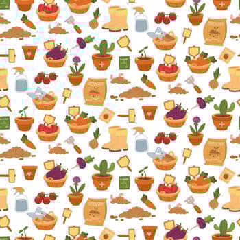 pattern of flat color illustrations of garden planting. Dedicated to nature, sustainable growth and development. It is used in gardening blogs, environmental projects, and articles on agriculture. vector