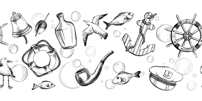 Steering wheel, lifebuoy, sea gulls captain s cap, fish, water bladders, anchor, bottle of rum, tobacco pipe, ship s bell. Watercolor hand-drawn illustration. Seamless border on a white background vector