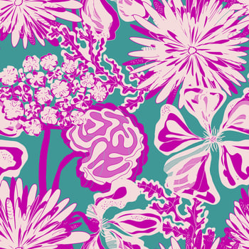 a pink and purple floral pattern on a teal background vector