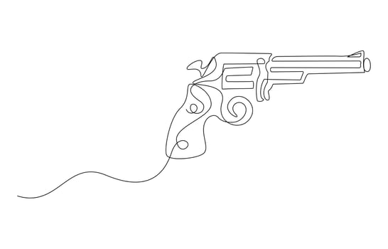 Revolver continuous one line drawing, Continuous line art drawing of gun vector